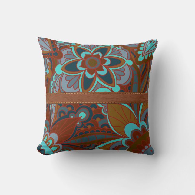 Brown and Turquoise Boho Throw Pillow (Front)