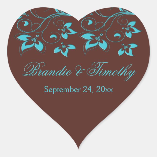 Brown and Turquoise Floral Heart Shaped Sticker (Front)