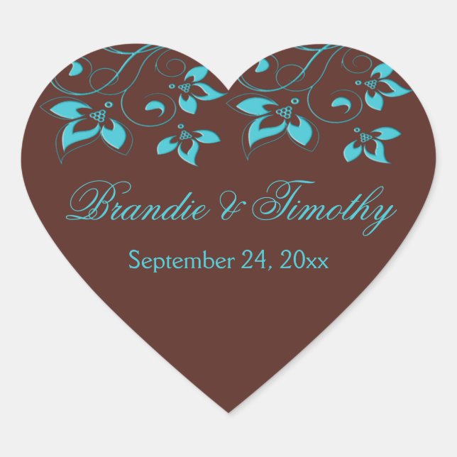Brown and Turquoise Floral Heart Shaped Sticker (Front)