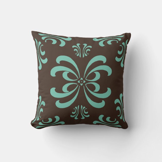 Brown and Turquoise Nouveau Flourish Decor Pillow (Front)