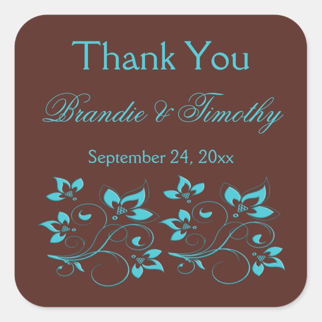 Brown and Turquoise Square Thank You Sticker (Front)
