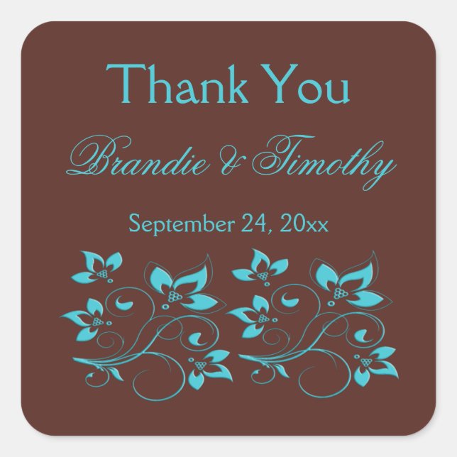 Brown and Turquoise Square Thank You Sticker (Front)