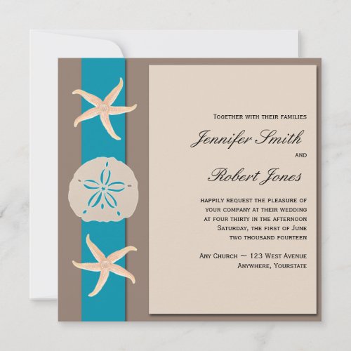 Brown and Turquoise Band Starfish Wedding Personalized Invitation