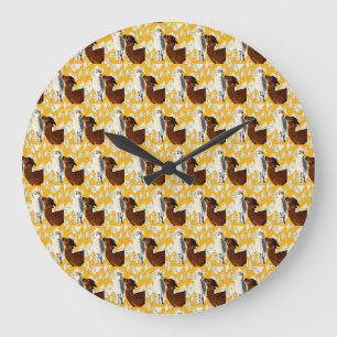 Brown And White Alpacas With Cactus Flowers, Large Clock