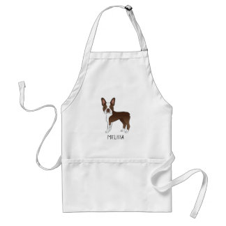 Brown And White Boston Terrier Cartoon Dog &amp; Name Adult Apron