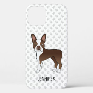 Brown And White Boston Terrier Cartoon Dog & Name iPhone 12 Case