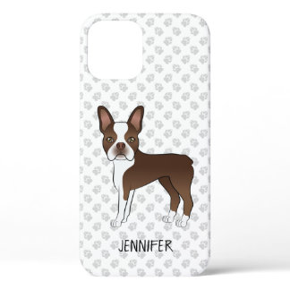 Brown And White Boston Terrier Cartoon Dog &amp; Name iPhone 12 Case