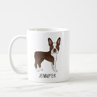 Brown And White Boston Terrier Cartoon Dog &amp; Name Coffee Mug