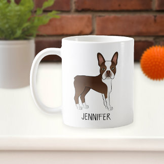 Brown And White Boston Terrier Cartoon Dog &amp; Name Coffee Mug