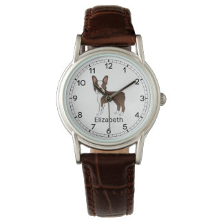 Brown And White Boston Terrier Cartoon Dog &amp; Name Watch