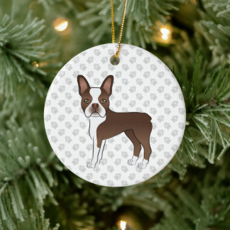 Brown And White Boston Terrier Cartoon Dog &amp; Paws Ceramic Ornament