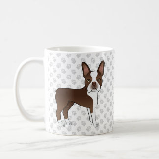 Brown And White Boston Terrier Cartoon Dog &amp; Paws Coffee Mug