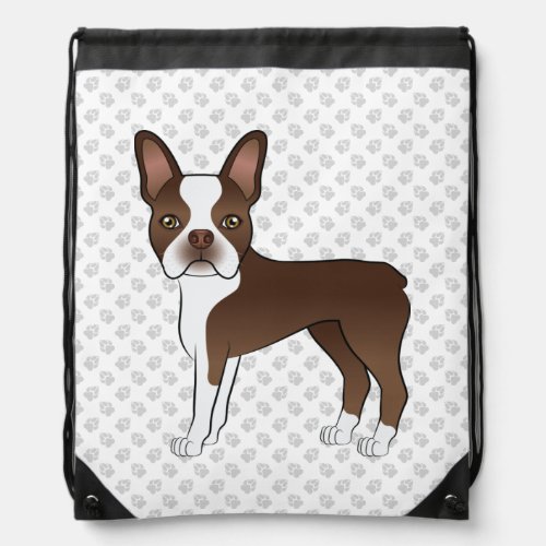 Brown And White Boston Terrier Cartoon Dog  Paws Drawstring Bag