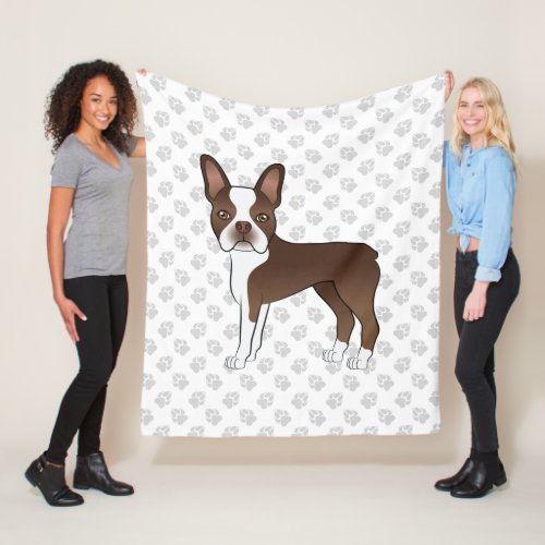 Brown And White Boston Terrier Cartoon Dog  Paws Fleece Blanket