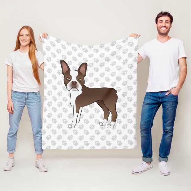 Brown And White Boston Terrier Cartoon Dog & Paws Fleece Blanket (In Situ)