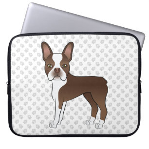Brown And White Boston Terrier Cartoon Dog & Paws Laptop Sleeve