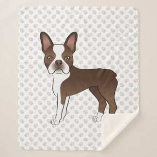 Brown And White Boston Terrier Cartoon Dog &amp; Paws Sherpa Blanket