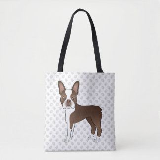 Brown And White Boston Terrier Cartoon Dog &amp; Paws Tote Bag