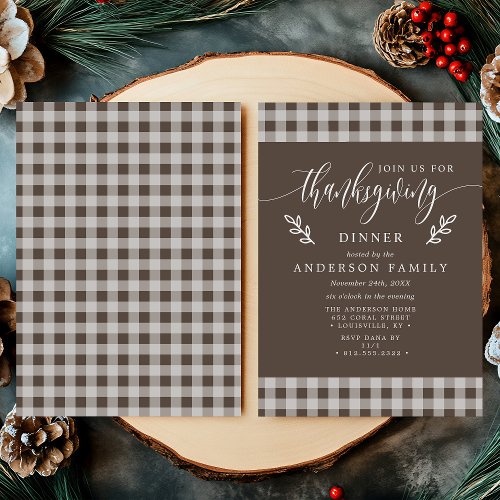 Brown And White Buffalo Check Thanksgiving Dinner Invitation