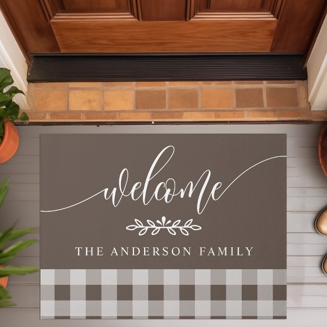 Brown And White Buffalo Check Welcome Personalize Doormat (Creator Uploaded)