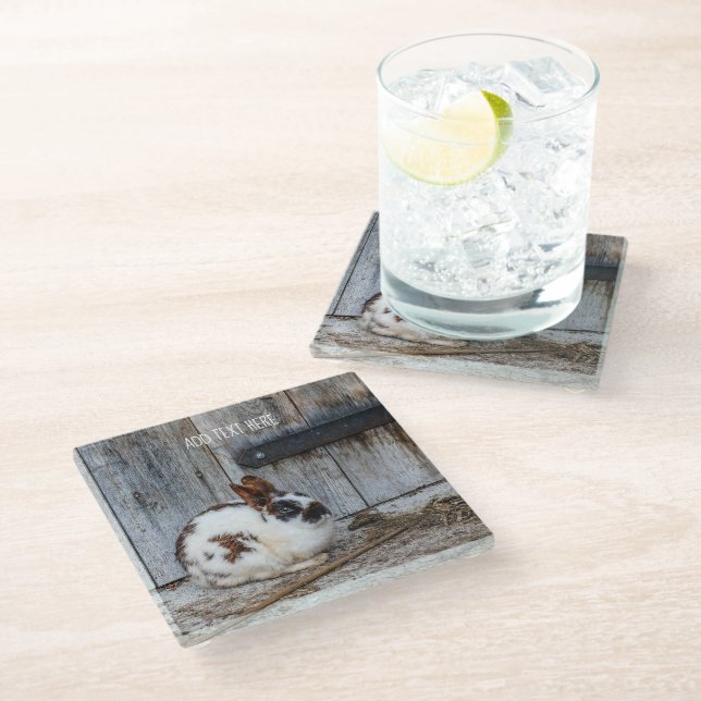 Brown and White Bunny  Rabbit on the Farm Glass Coaster (Angled)