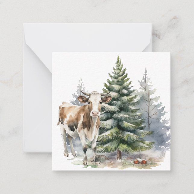 Brown and White calf in Front of a Pine tree Note Card (Front)