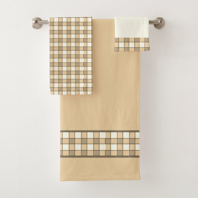 Brown and white check blocks pattern bath towel set (Insitu)