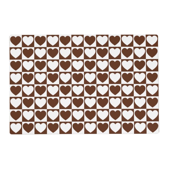 Brown and White Checkered Pattern With Hearts Placemat (Front)