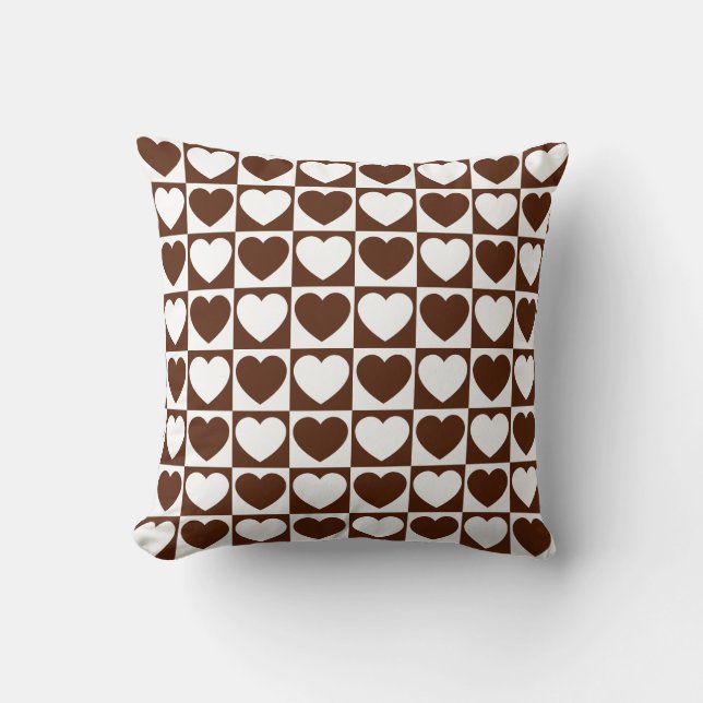 Brown and White Checkered Pattern With Hearts Throw Pillow (Front)