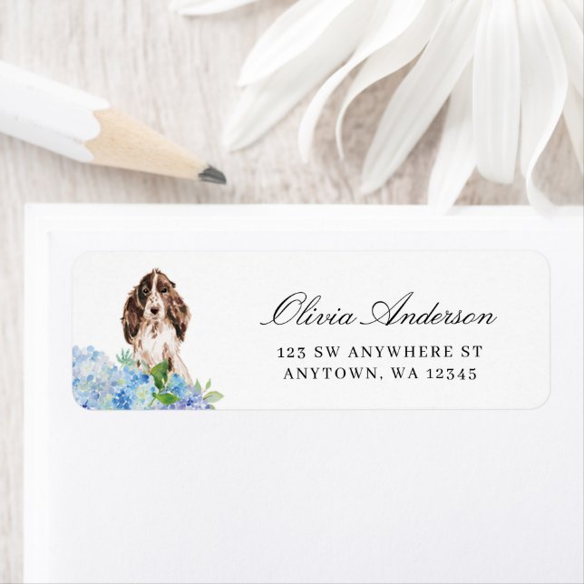 Brown and White Cocker Spaniel Blue Hydrangea Label (Insitu)