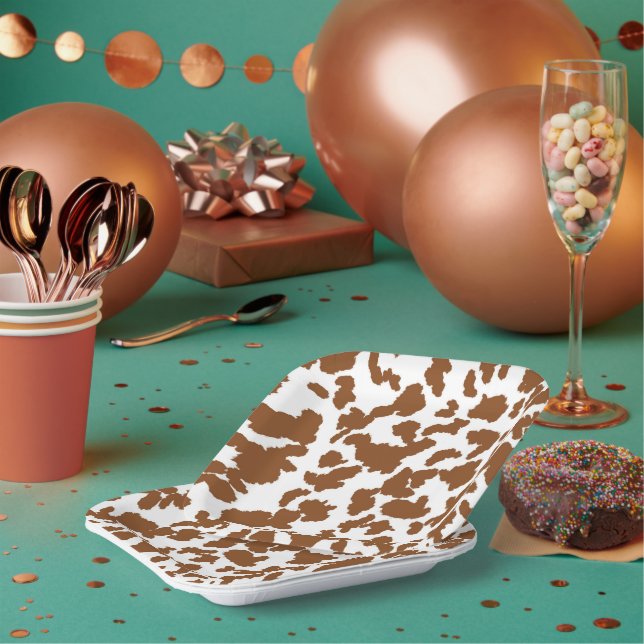 Brown And White Cow Hide Fur Pattern Paper Plates (Multi)