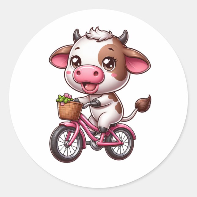 Brown and White Cow Riding a Bike Classic Round Sticker (Front)