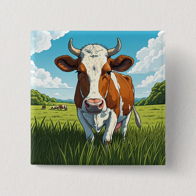 Brown and white Cow standing in a field of grass Button (Front)
