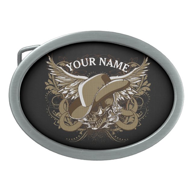 Brown And White Cowboy Hat Sugar Skull Oval Belt Buckle (Front)