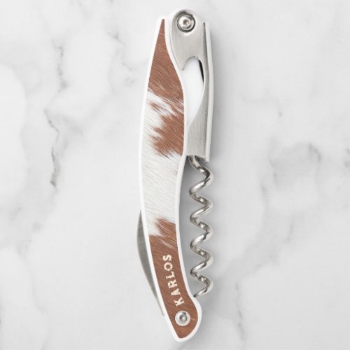 Brown and white cowhide realistic texture waiters corkscrew