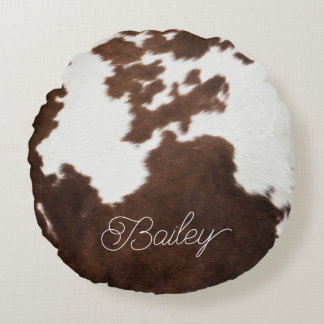 Brown and White Cowhide Round Pillow