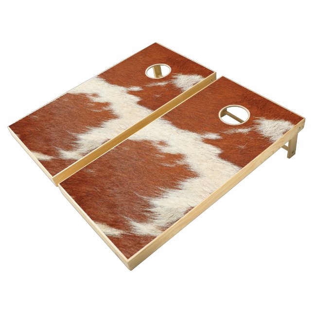 Brown and white cowhide texture cornhole set (Angled)