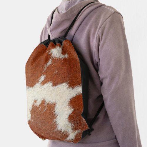 Brown and white cowhide texture drawstring bag