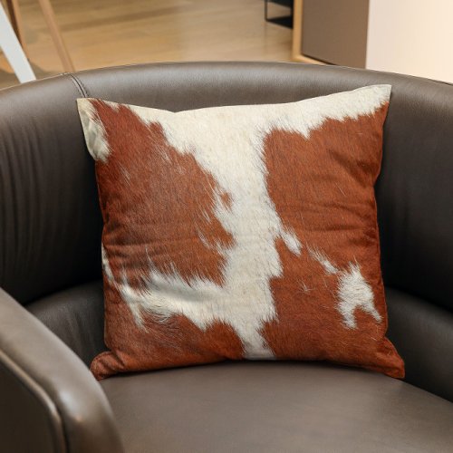 Brown and white cowhide texture throw pillow