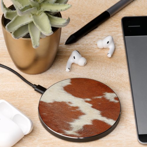 Brown and white cowhide texture wireless charger 