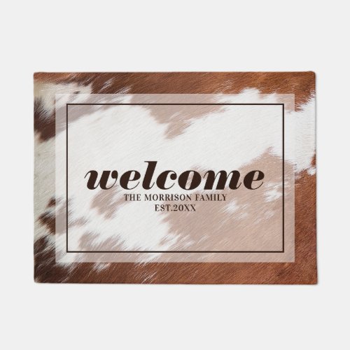 Brown and white cowhide welcome typography doormat