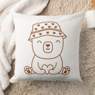 Brown and White Cute Bear Cub in Bucket Hat Throw Pillow
