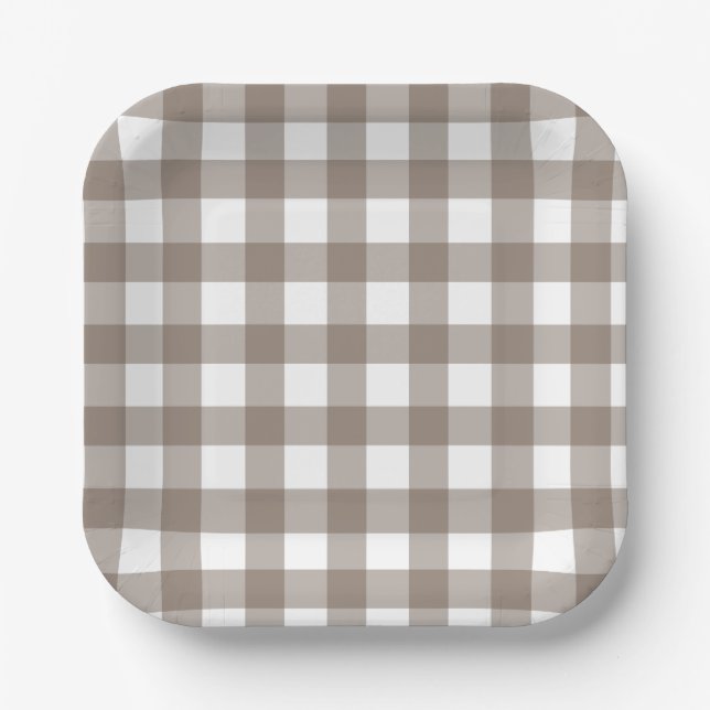 Brown and White Dainty Buffalo Check Paper Plates (Front)