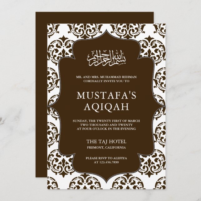 Brown and White Damask Islamic Aqiqah Ceremony Invitation (Front/Back)