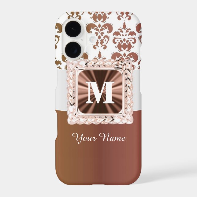 Brown and white damask pattern personalized iphone case (Back)