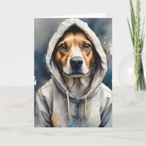 Brown and White Dog in Tan Hoodie Watercolor Art Card