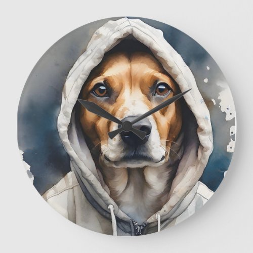 Brown and White Dog in Tan Hoodie Watercolor Art Large Clock