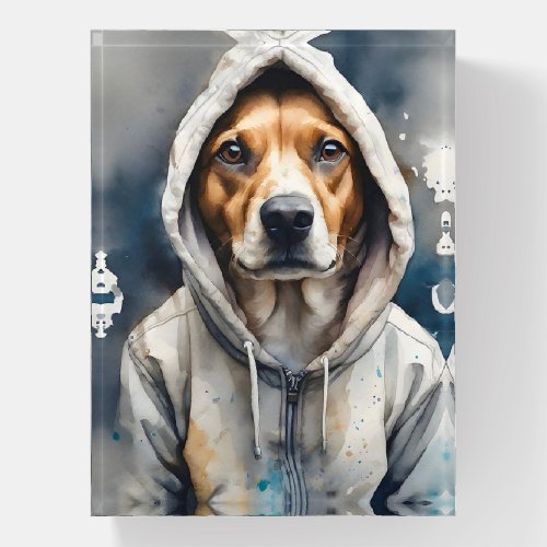 Brown and White Dog in Tan Hoodie Watercolor Art Paperweight