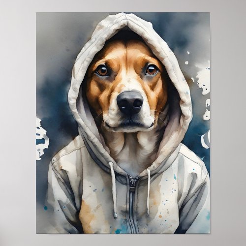 Brown and White Dog in Tan Hoodie Watercolor Art Poster