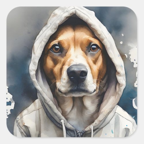 Brown and White Dog in Tan Hoodie Watercolor Art Square Sticker